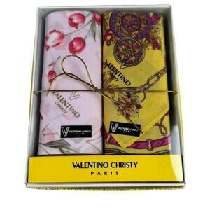 Valentino Christy Paris Handkerchief Set Pink & Yellow Floral Design Cotton